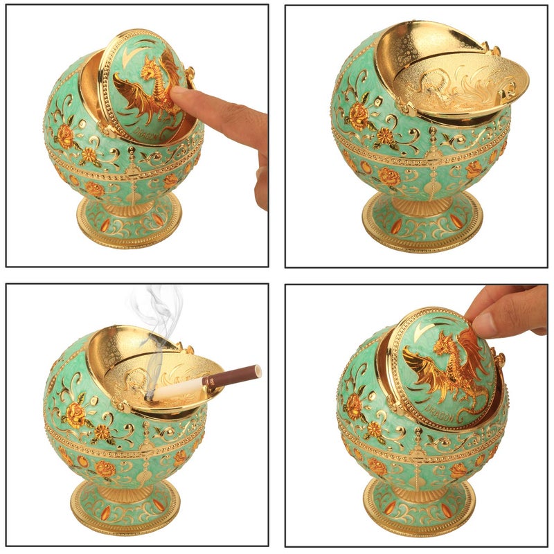 K COOL Pterosaur Windproof Ashtray with Flip Lid for Cigarette Metal Portable Smoking Tobacco Ashtray Indoor Outdoor, Handicrafts Rose Pattern Classy Gift for Women Men (Jade Green- Golden) - Image 5